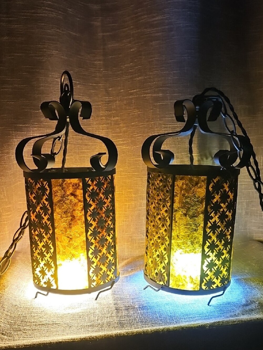 Vintage 1970s Spanish Revival Wrought Iron & Amber Acrylic Pendant Swag Lamps